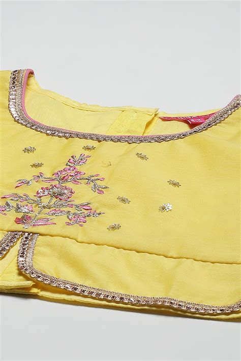 Yellow & Pink Cotton Blend Short Top Lehenga Set