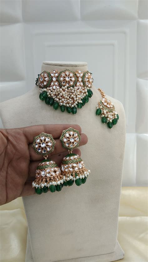 Ibiza Green kundan Indian Choker Jewellery Set – BS Jewels