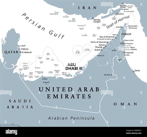 United Arab Emirates, UAE, gray political map. The Emirates, a country in Middle East at Arabian ...