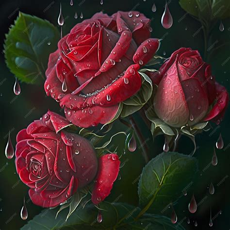 Premium Photo | Set of beautiful red roses blooming in raindrops