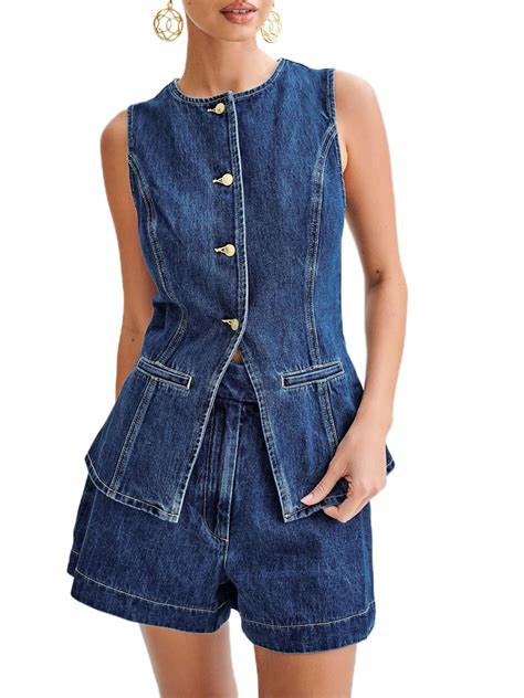 Taoocy Women's Denim Long Vest Tops Button-up Sleeveless Pocket ...