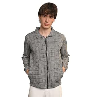 Campus Sutra Men's Moon Grey Zip-Front Tartan Plaid Jacket For Casual ...