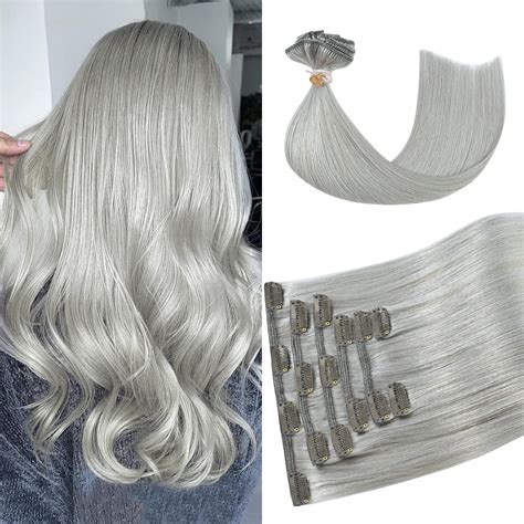 Amazon.com : HUAYI Grey Clip in Hair Extensions Real Human Hair 70G ...