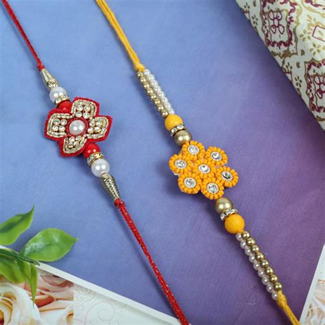 Send Red Yellow Zardosi Rakhi Set Online | Rakhibazaar.com