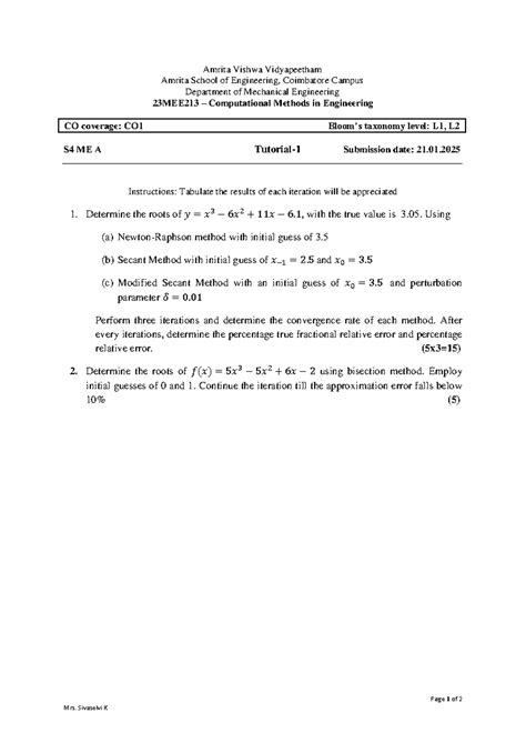 23MEE213 Tutorial 1: Computational Methods in Engineering - Studocu