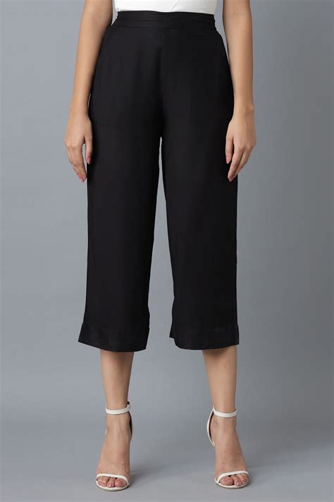 Buy Black Solid Straight Fit Cotton Culottes With Elasticated Waist ...