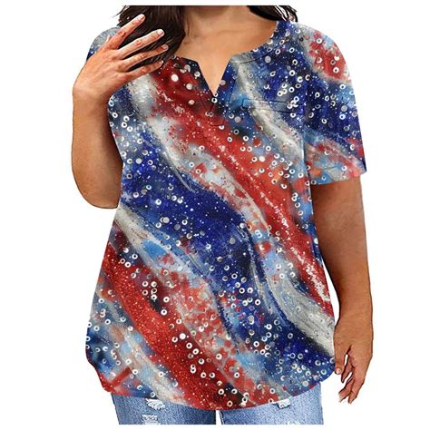 Fartey Red White Blue Shirts for Women Plus Size Short Sleeve V Neck ...