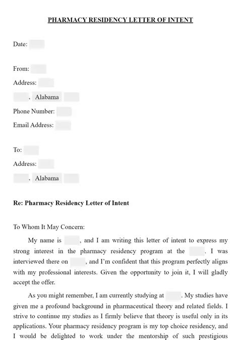 Free Pharmacy Residency Letter of Intent Example | FormsPal