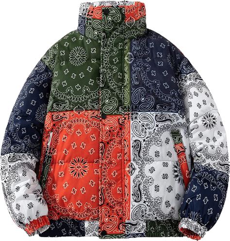 Buy Tanming Men's Winter Warm Bandana Print Puffer Jacket Cotton Zip Up ...