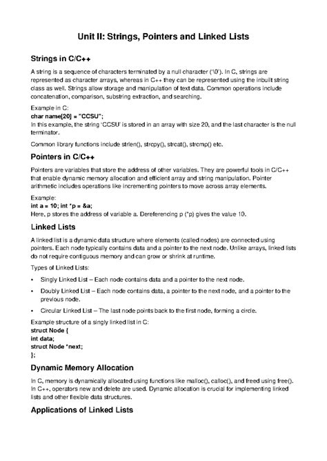 CCSU BCA DS Unit II: Strings, Pointers & Linked Lists Study Guide - Studocu