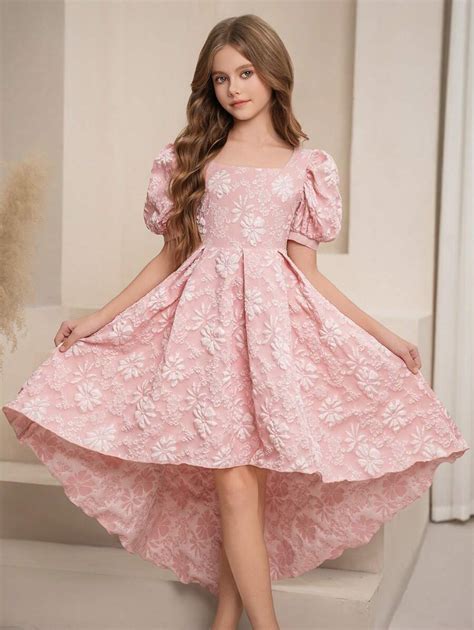 Tween Girls Square Neck Puff Sleeve Jacquard Fabric Cinched Waist A ...