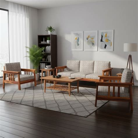 Straight-Arm Wooden Sofa Set in 3+2+1 Seating – Indian Hub