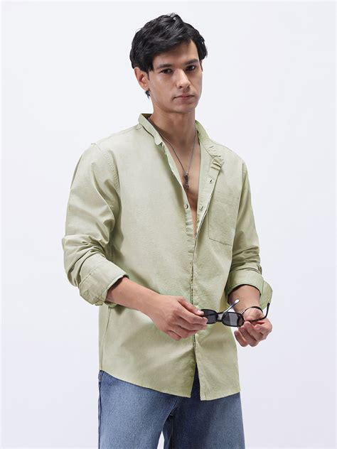 Men's Light Olive Cotton Full Sleeve Regular Fit Casual Solid Shirt wi ...