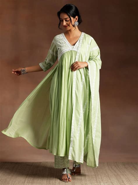 Buy Green Embroidered Cotton A-Line Kurta With Palazzos & Dupatta ...