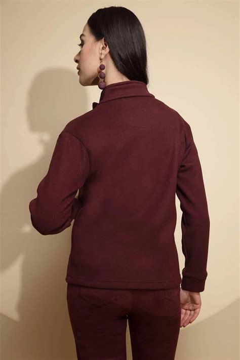 Solid Wine Full Sleeve Turtle Neck Fleece Sweatshirt – Gl...