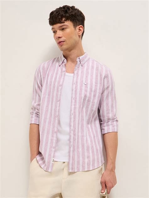 Shop Pink Slim Fit Vertical Striped Cotton Casual Shirt Online ...