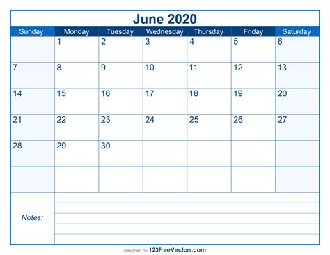 Free Download June 2020 Calendar Template