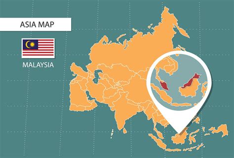 Malaysia map in Asia zoom version, icons showing Malaysia location and flags. 19476161 Vector ...
