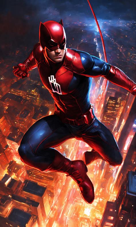 Lexica - Daredevil, flying through night sky, holding red sticks ...