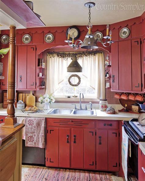 Image result for Primitive Red Color Kitchen Cabinets