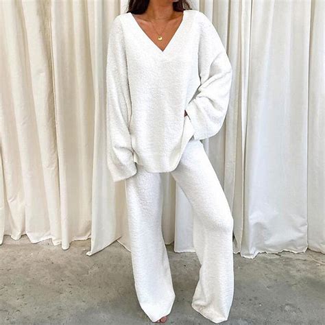 Fleece Pajamas Sets for Women Winter Warm Loose Long Sleeve V Neck ...