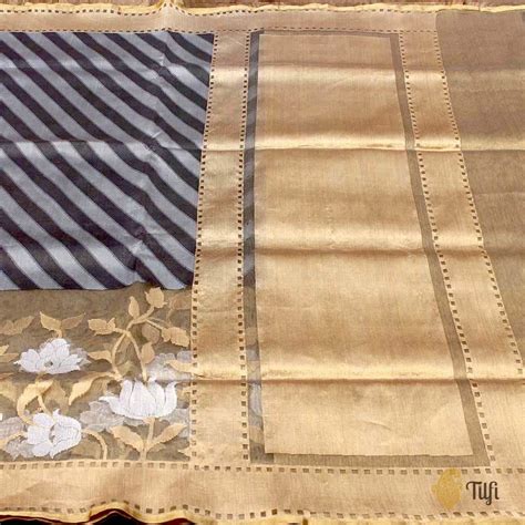 Grey Pure Kora Tissue Net Banarasi Handloom Saree - Tilfi