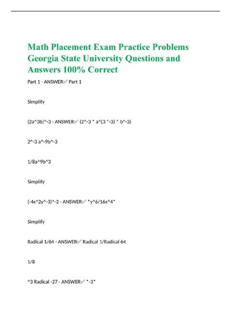 Math Placement Exam Practice Problems Georgia State University ...