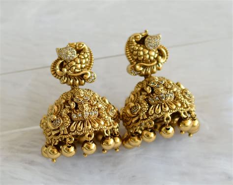 Antique gold tone cz white Nakshi peacock lakshmi jhumkka dj-50511 ...