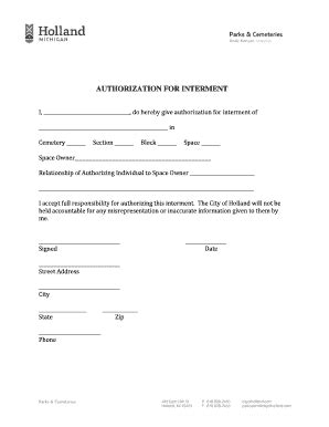 Fillable Online authorization for interment - City of Holland Fax Email ...