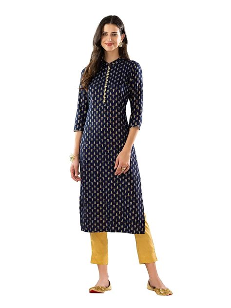 Buy Rhysley Rayon Navy Blue Khari Gold Printed Three Fourth Sleeves ...