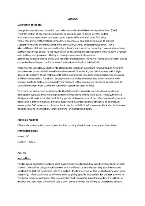 DAT Method - Summary of Differential Aptitude Tests in Psychology - Studocu