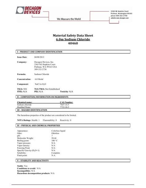 Material Safety Data Sheet 6.0m Sodium Chloride 40460 - AquaLab
