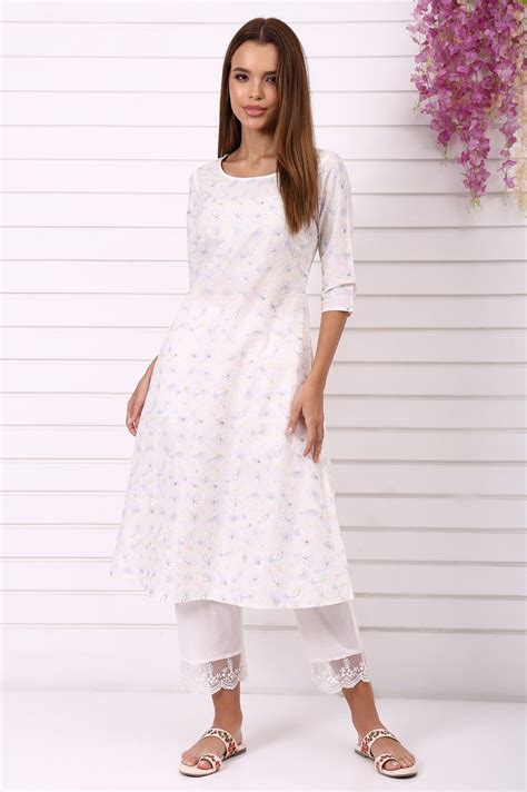Buy White Thread Embroidered Pure Cotton A-line Kurta Online for Woman ...