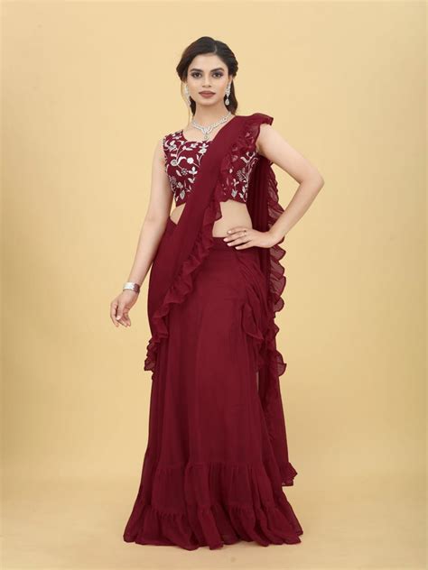 New Maroon Georgette Zul Lehenga Saree – The Beauty Queen