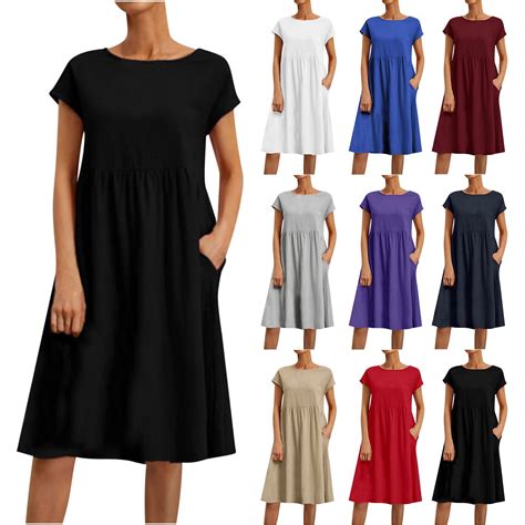 Jinhomg Women's Summer Midi Dress Casual Loose Solid Cotton Linen T ...