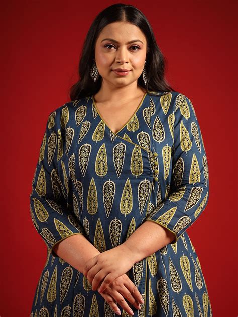 anayna Women Navy Blue & Green Ethnic Motifs Printed Cotton Kurta ...