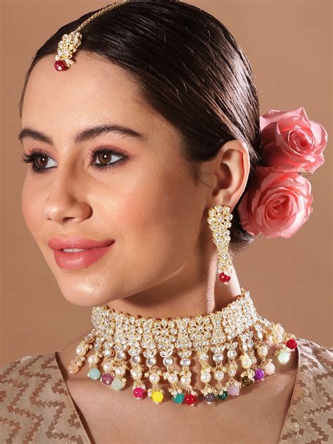 Rubans 24K Gold Plated Kundan Stone Studded Multicolour Pearl & Beads