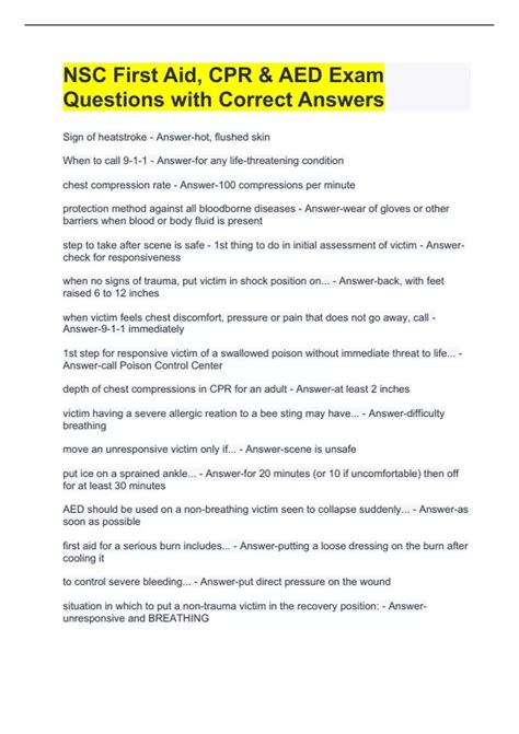 NSC First Aid, CPR & AED Exam Questions with Correct Answers - NSC ...