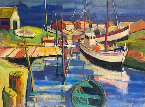 Michel Kritz - Colorful Boats in Estuary Harbor 1960's French Modernist ...
