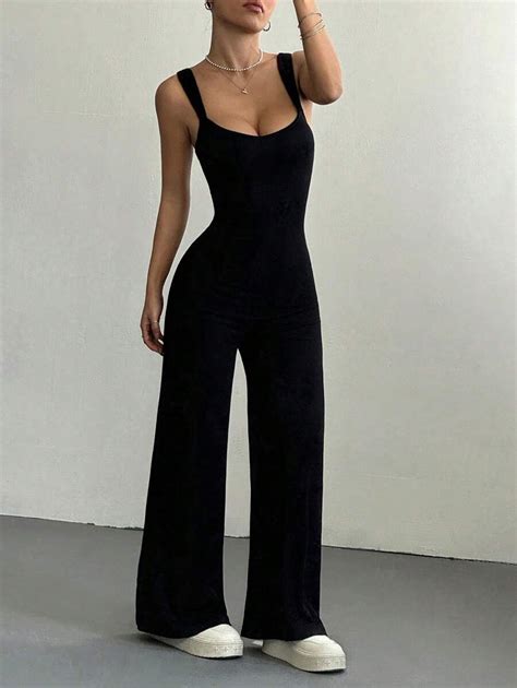Flirla Women's Black Jumpsuit, Spring/Summer Square Neck Backless ...
