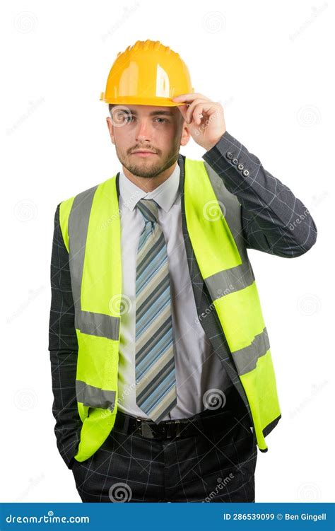 Man in a Suit Wearing a Hi-vis Vest & Hardhat Stock Image - Image of ...