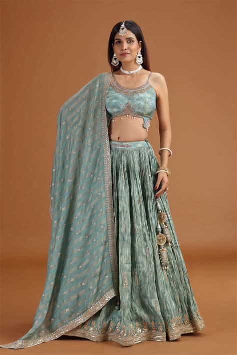 Green Tissue Lehenga Set with Organza Dupatta & Zari Zardosi Work