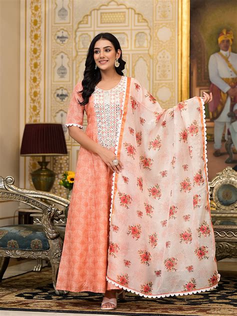Peach Kota Doria maxi dress with Floral Dupatta – Aks Clothings