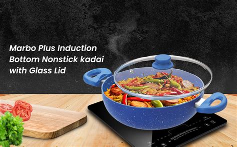 Crystal Marbo Plus Induction Bottom Nonstick kadai | Glass Lid | 250 mm ...