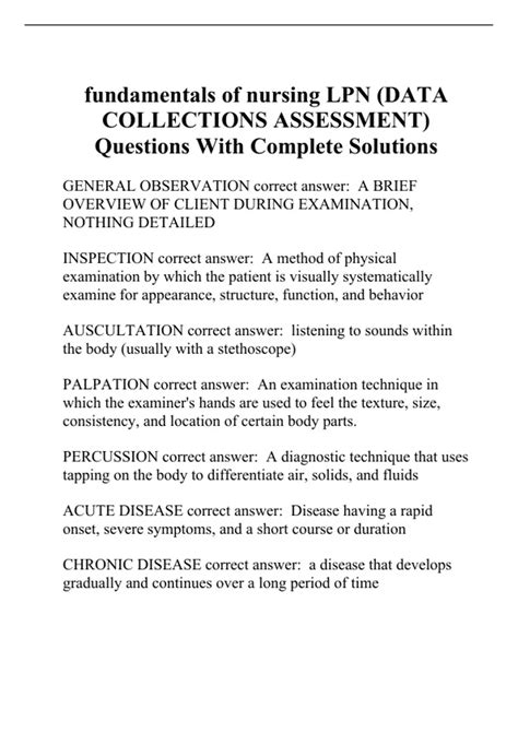 fundamentals of nursing LPN (DATA COLLECTIONS ASSESSMENT) Questions ...