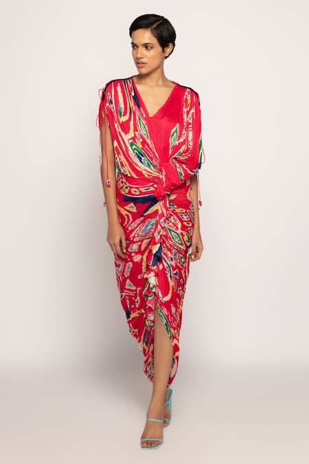 Buy Pink Cotton, Silk Ruffles V-neck Paisley Print Hand Micro Pleated ...