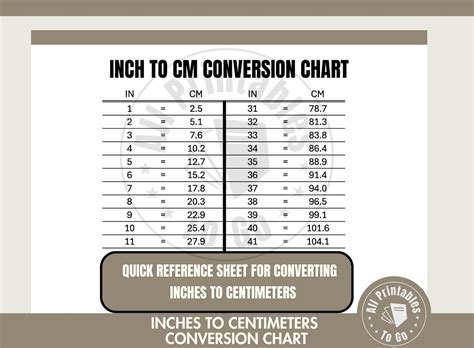 Inch to Centimeter Conversion Chart | Printable Measurement Table PDF ...