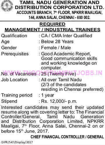 TANGEDCO Chennai Management Trainee / Industrial Trainee - 25 Posts ...