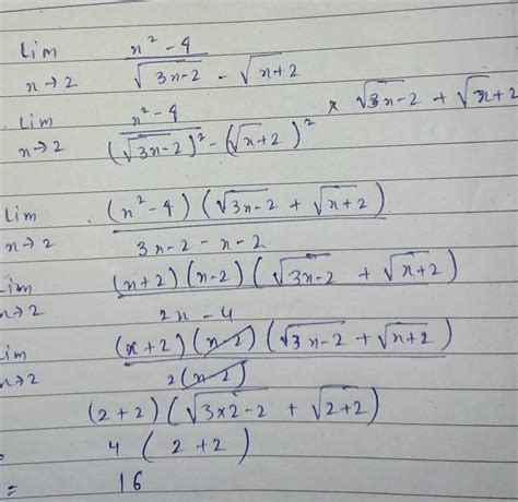 lim tends to 2 x^2-4/ root 3x-2 - root x+2 - Brainly.in