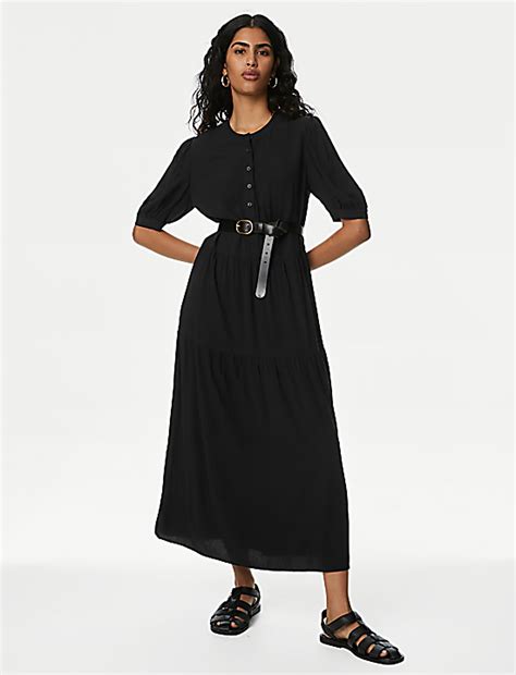 Buy Round Neck Button Front Midi Tiered Dress at Marks & Spencer